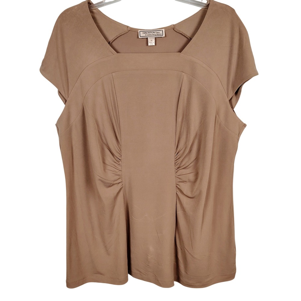 Simonton Says Womens 1X Ruched Square Neck Top Brown Professional Officecore